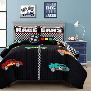 Lush Decor - 4pc Twin Race Cars Quilt Set - Lush Décor Black